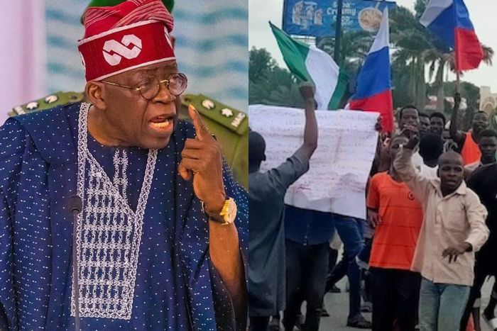 President Bola Tinubu and protesters.