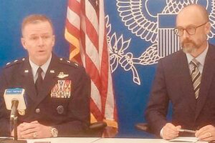 From left to right: Maj.-Gen. Kenneth Ekman, U.S. Africa Command (AFRICOM), West Africa Coordination Element Lead, Department of Defence, Mr Brian Eubert, U.S. Embassy Ag. Spokesman, during the media roundtable with select journalists at the U.S. Embas...