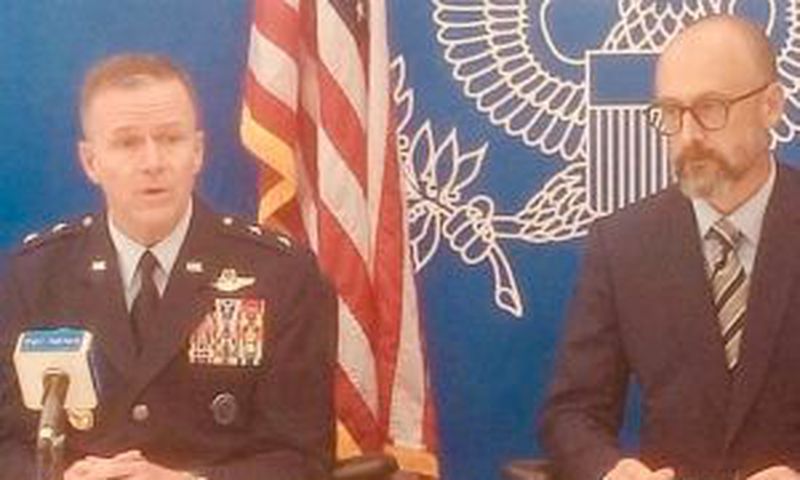 From left to right: Maj.-Gen. Kenneth Ekman, U.S. Africa Command (AFRICOM), West Africa Coordination Element Lead, Department of Defence, Mr Brian Eubert, U.S. Embassy Ag. Spokesman, during the media roundtable with select journalists at the U.S. Embas...