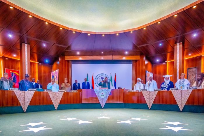 President Bola Tinubu at a meeting with traditional rulers at the State House on Thursday [NAN]