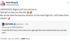 Nicki Minaj says she understands Pidgin English