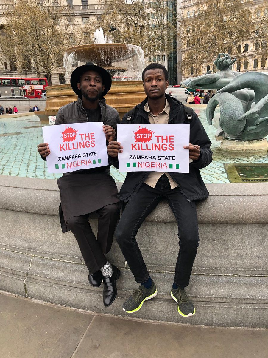 Nigerians in the UK staged a solidarity march to protest the killings in Zamfara [Twitter/@A_bashees]