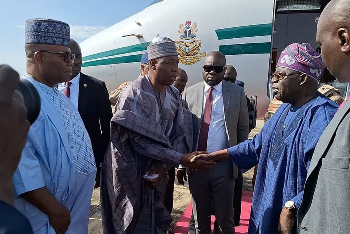 President Bola Tinubu welcomed by Governor Babagana Zulum of Borno State. [X, formerly Twitter]