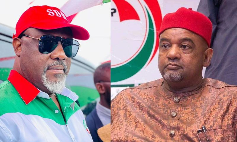L-R: Senator Dino Melaye and PDP interim-chairman, Umar Damagum. [Facebook]