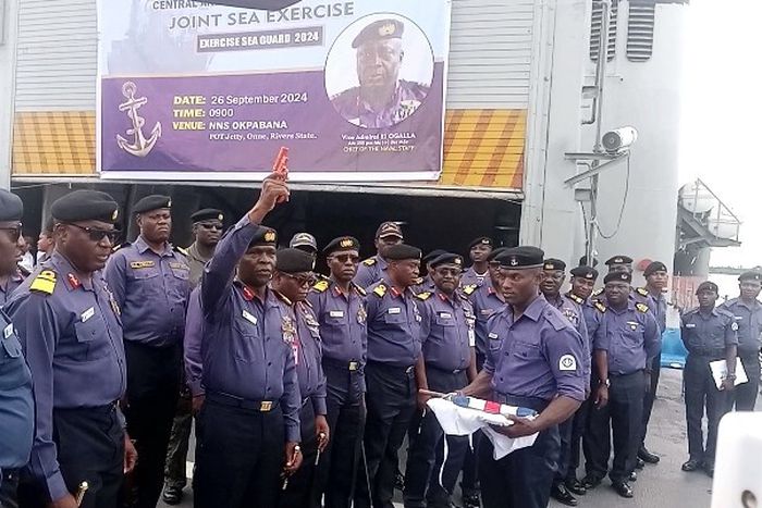 Flag Officer Commanding Eastern Naval Command, Rear Adm Saheed Akinwande flagging off Exercise Sea Guard 2024 aboard the Nigerian Navy Ship NNS Okpabana in Onne Rivers on Thursday