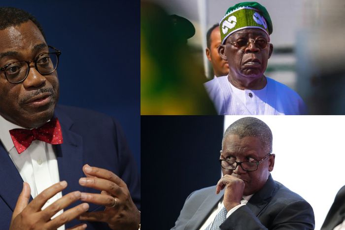 Akinwumi Adesina, Bola Tinubu and Aliko Dangote. [Facebook/Getty Images]