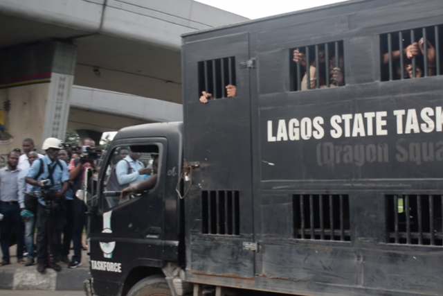 Suspects inside a Lagos State Task Force van [TheCable]