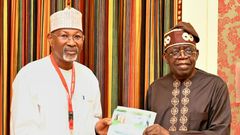 Prof. Attahiru Jega, Chairman, Presidential Committee on Implementation of Livestock Reforms, presenting the committee’s report to President Bola Tinubu at the Presidential Villa on Thursday