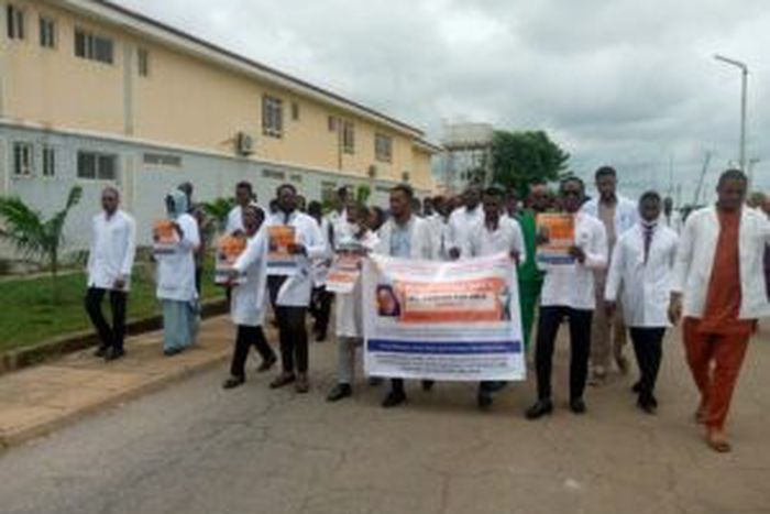 Resident Doctors in UATH during a solidarity walk in Abuja on Friday, to seek the release of their kidnapped, Ganiyat Popoola [NAN]