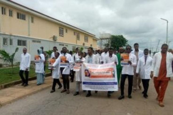 Resident Doctors in UATH during a solidarity walk in Abuja on Friday, to seek the release of their kidnapped, Ganiyat Popoola [NAN]