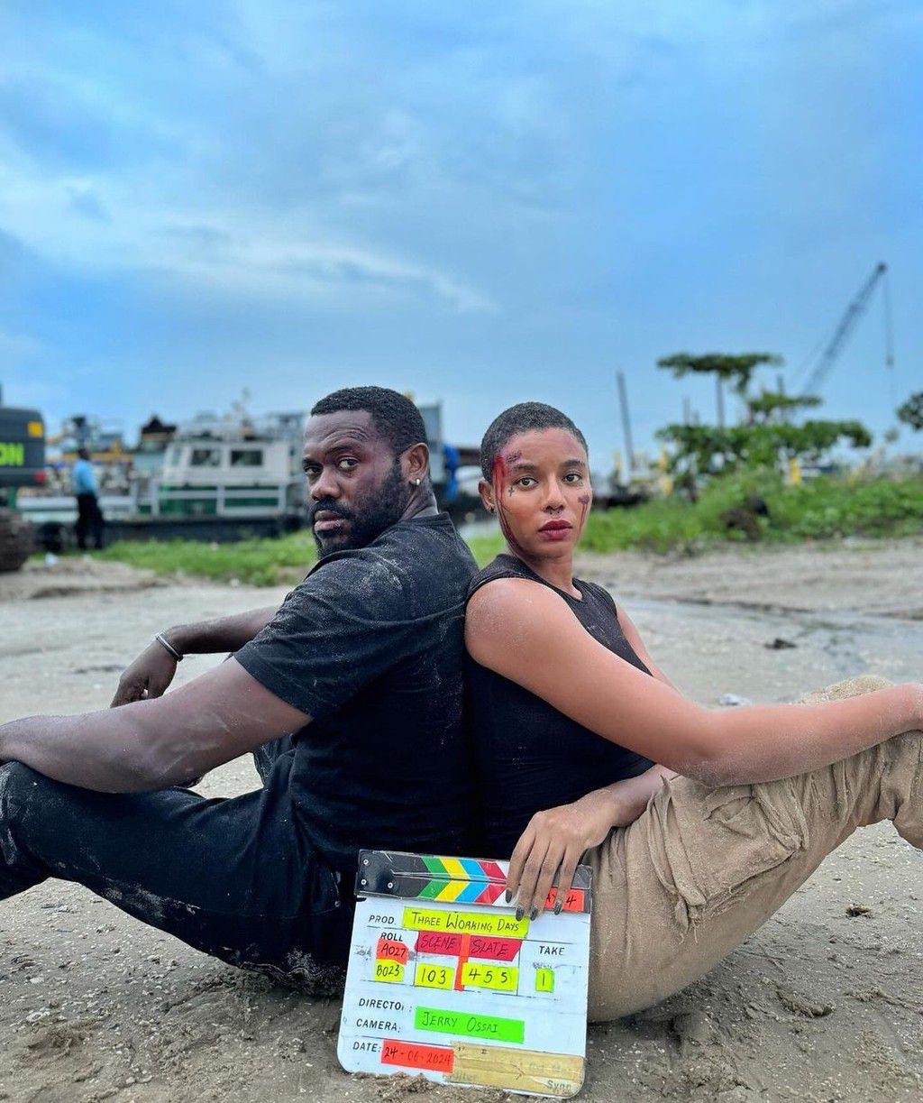 Nancy Isime and Deyemi Okanlawon on the set of an upcoming film [Instagram/NancyIsime]