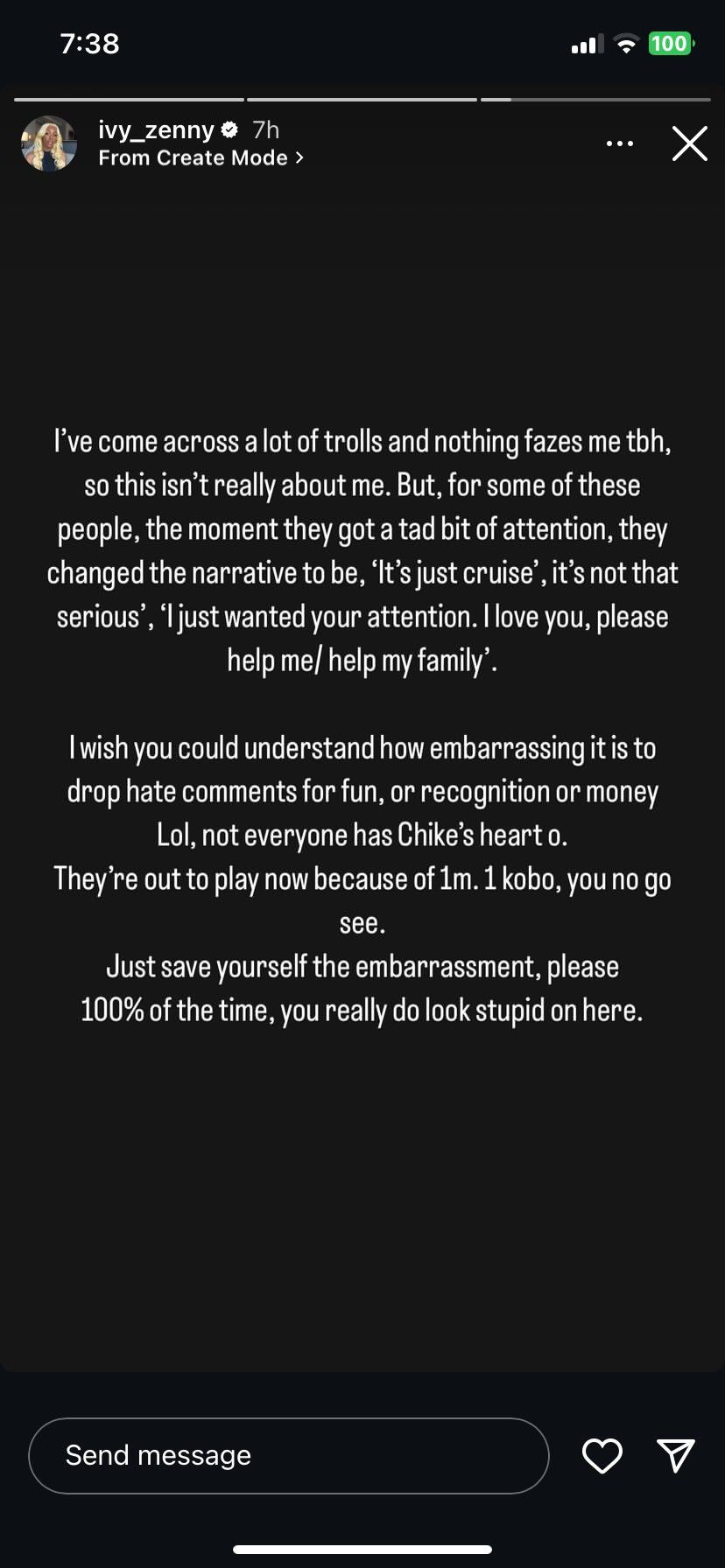 Ivy Zenny's story post [Instagram/Ivy_Zenny]