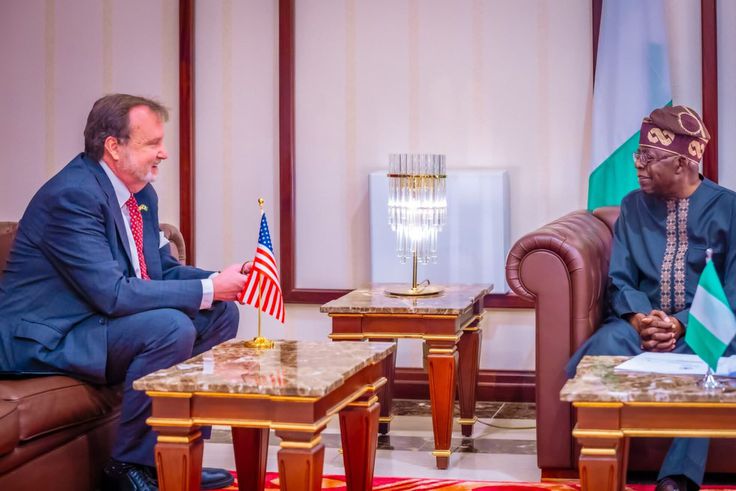 President Bola Tinubu with Mr Richard Mills Jr, newly appointed United States Ambassador to Nigeria at the State House on Thursday [NAN]