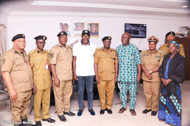 Kogi Commissioner for Education, Hon. Wemi Jones (4L); Kogi State Commander of NDLEA, Mr Umar Yahuza (5L); and other officials during the latter advocacy visit on Drug Abuse to Ministry of Education on Tuesday in Lokoja