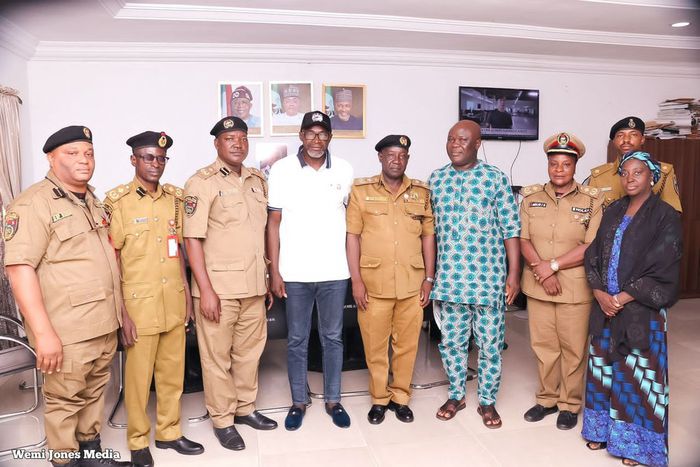 Kogi Commissioner for Education, Hon. Wemi Jones (4L); Kogi State Commander of NDLEA, Mr Umar Yahuza (5L); and other officials during the latter advocacy visit on Drug Abuse to Ministry of Education on Tuesday in Lokoja