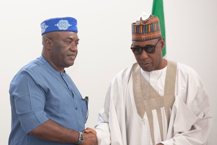 Leader of the Sir Emeka Offor Foundation (SEOF), retired AIG, Chris Ezike with Gov. Babagana Zulum of Borno