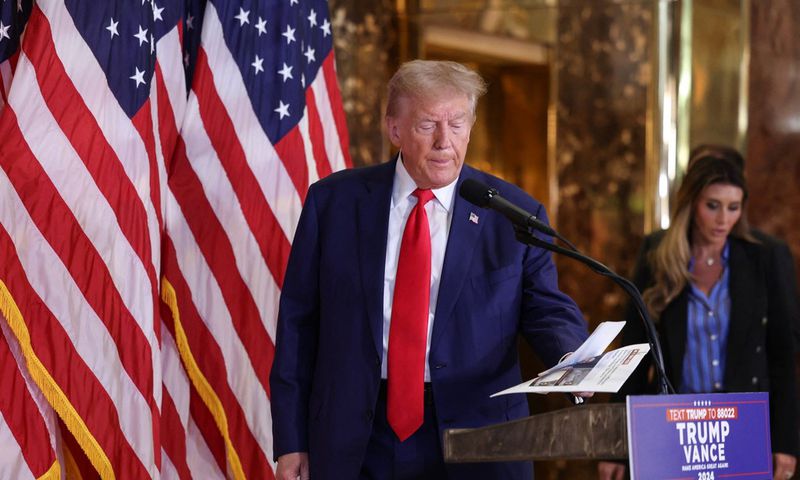 US former President and Republican presidential candidate Donald Trump at a press conference at Trump Tower following the oral arguments.CHARLY TRIBALLEAU/AFP via Getty Images