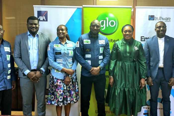 L-R: VAS Manager (Content), Globacom, Godwin Oriazowanlan; GM, Truthware Solutions, Osidibo Adebayo; VAS Manager, (Lottery) Globacom, Olufunmilola Adeola; Head, Value Added Services, Globacom, Mojeed Aluko; Chief Marketing Officer, AXA Mansard, Surakat...