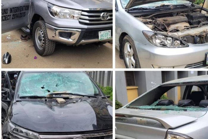 Some of the vehicles the rioting students destroyed. [Punch]