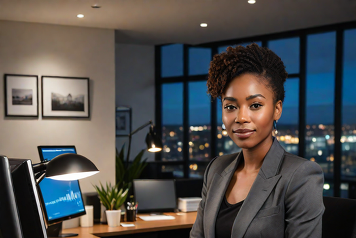 An AI-generated image of a beautiful lady in an office (Source- Hotpot.ai)