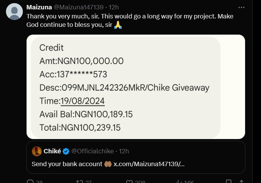 The fan thanks Chike [X/Officialchike]