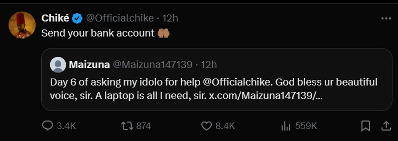 Chike asks the fan for his account details [X/Officialchike]