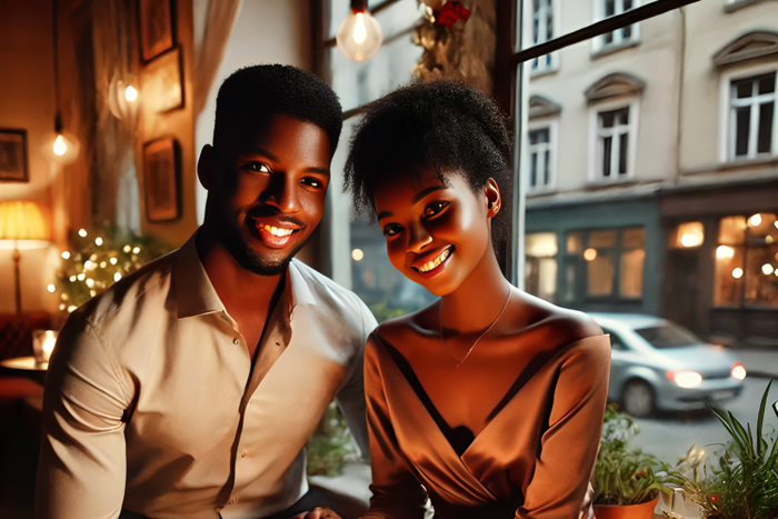 An AI-generated image of  A warm and romantic scene of an African young couple on a date in a cozy café