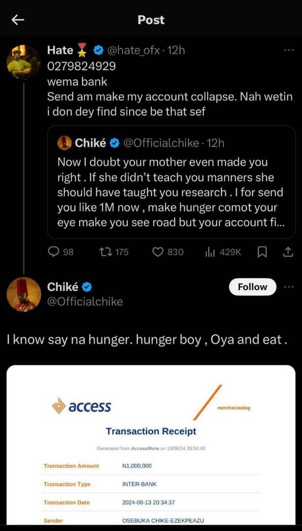 Chike transfers ₦1 million to a troll [X/Officialchike]