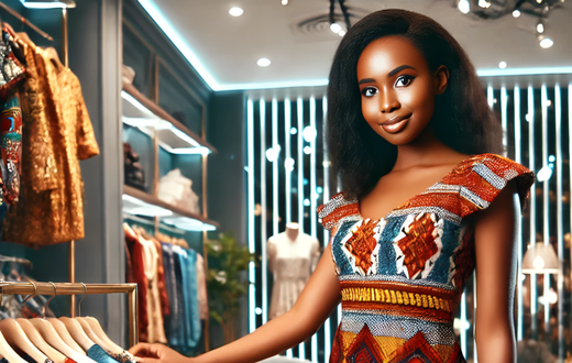 An AI-generated image of a Kenyan woman in her late 20s trying out new clothes in a chic clothing store
