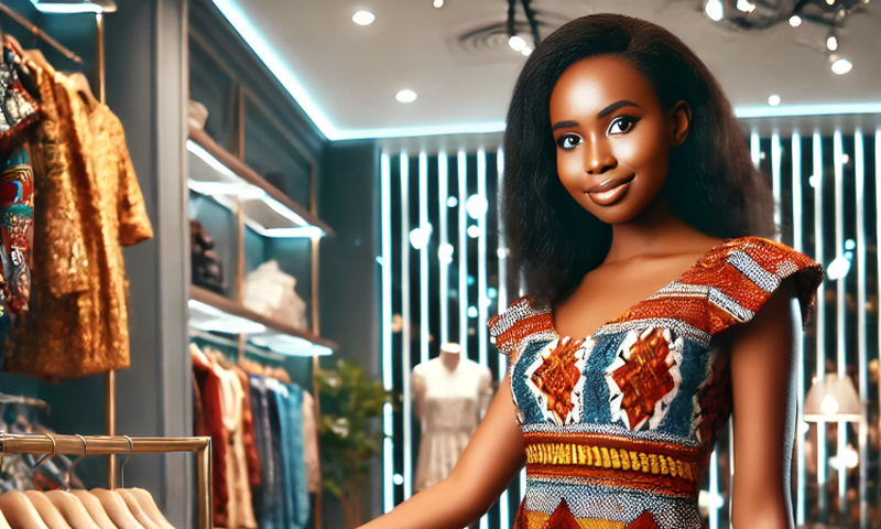 An AI-generated image of a Kenyan woman in her late 20s trying out new clothes in a chic clothing store