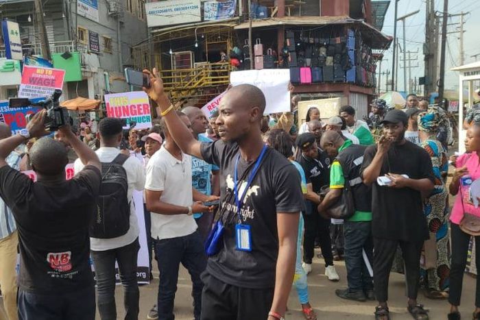 Lagos protesters converge under Ikeja bridge.