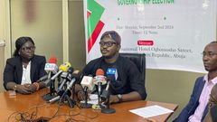 Godwin History addressing pressmen in Abuja on Monday, September, 2. [Facebook]