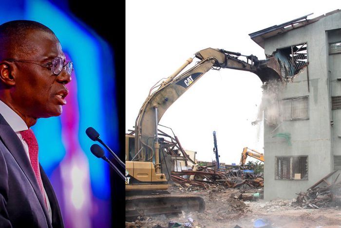 L-R: Governor Babajide Sanwo-Olu and a bulldozer bringing down a building. [Facebook/Getty Images]