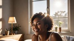 An AI-generated image of a woman in bed, smiling as she wakes up with sunlight streaming through the window (Hotpot.ai)