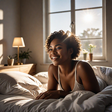 An AI-generated image of a woman in bed, smiling as she wakes up with sunlight streaming through the window (Hotpot.ai)