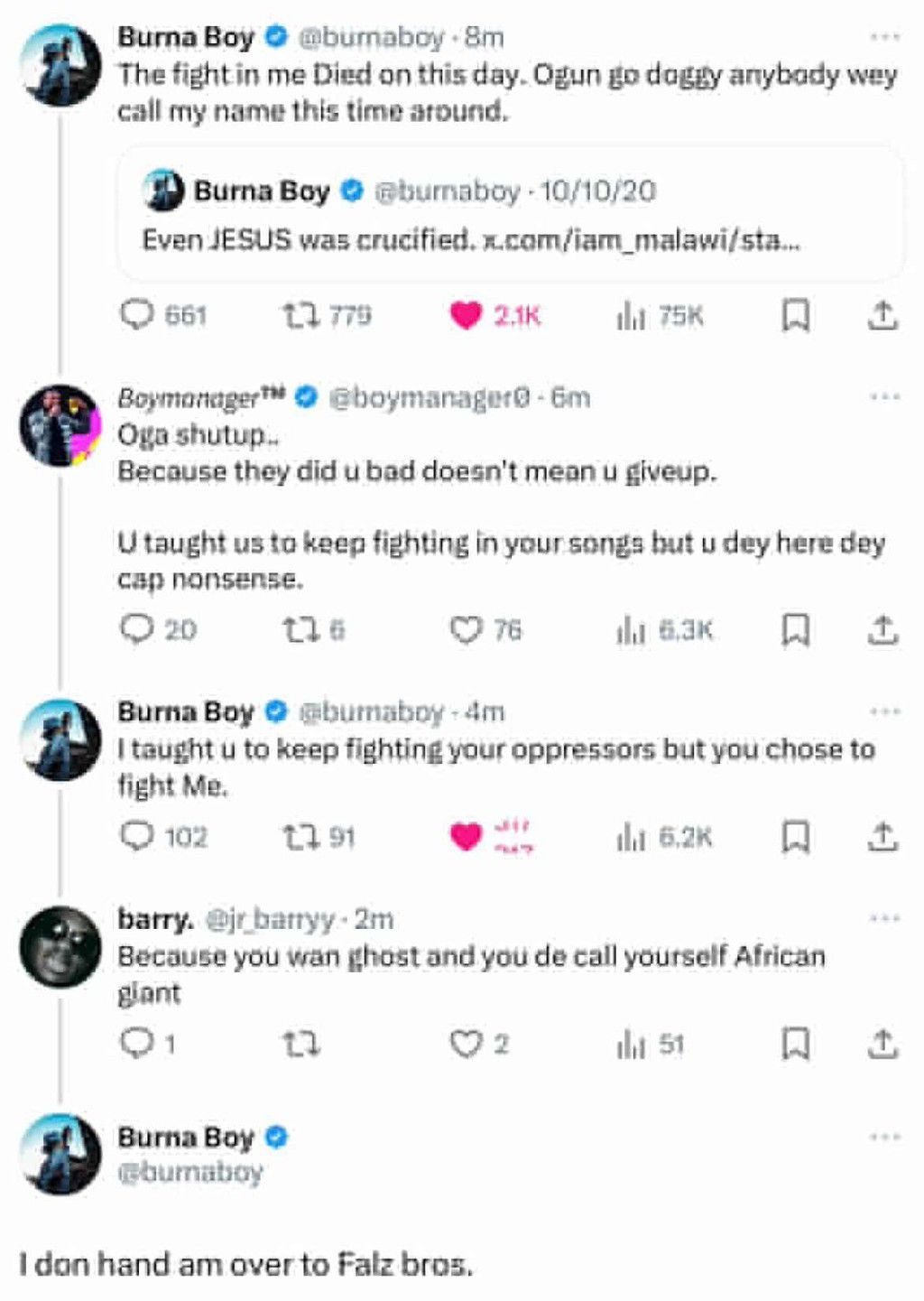 Burna Boy defiantly refused to kowtow to the demands that he speak up