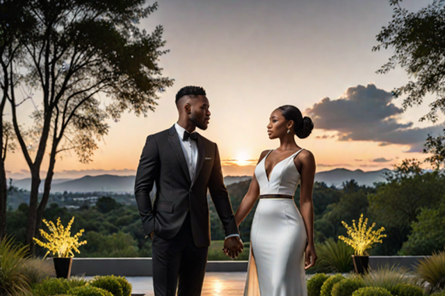 A landscape image of a black modern couple(Man and woman) in a modern set up (Hotpot.ai)