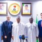 L-R: US Embassy Public Diplomacy Counselor, Mr Lee McManis; Director General, Voice of Nigeria, Mallam Jibrin Baba-Ndace; Ambassador of the United States to Nigeria, Mr Richard Mills; Minister of Information and National Orientation, Mohammed Idris; Di...