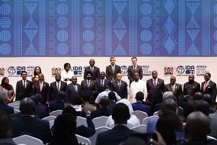 Bridgewater CEO Nir Bar Dea, Global Citizen CEO Hugh Evans and World Bank President Ajay Banga pictured with Heads of State from across Africa in April 2024