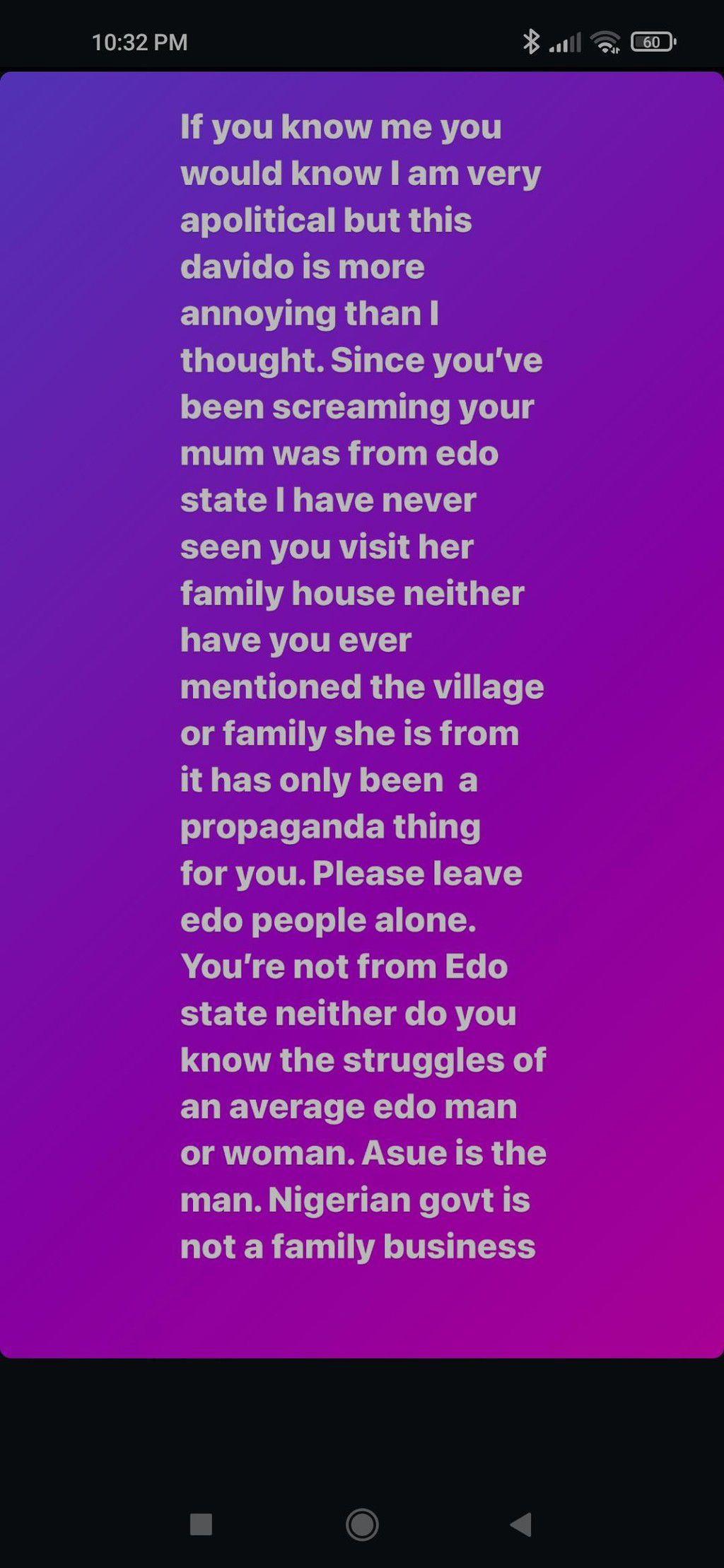 Cynthia Morgan's post dragging Davido [Instagram/trulymadrina]