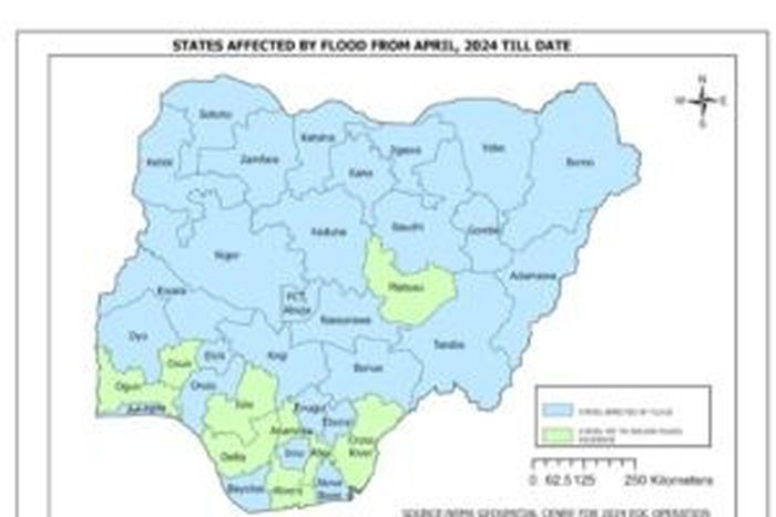 According to NEMA Emergency Operations Centre established for flood monitoring and coordination of resource deployment indicates that 27 states have been affected by flood [NAN]