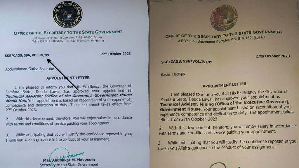 L-R: The original State House letter obtained by Pulse Nigeria and the forged letter linking Gov Dauda Lawal. [Pulse Original]