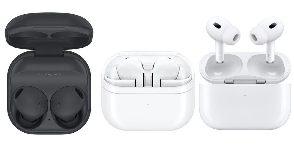 The Galaxy Buds 2 Pro earbuds (left) were completely overhauled to create the Galaxy Buds 3 Pro (center). The new pair look more like Apple AirPods Pro (right).Samsung; Apple