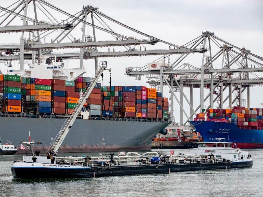 A container cargo ship in Rotterdam Harbour on April 4, 2021 in the Netherlands. Rotterdam is the largest shipping port outside of Asia.