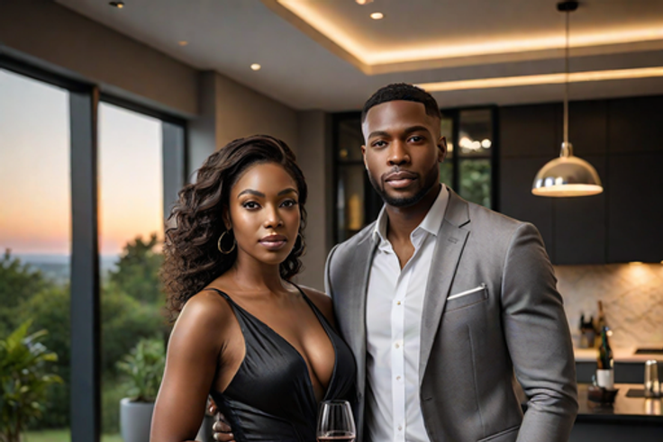 A landscape image of a black modern couple(Man and woman) in a modern set up (Hotpot.ai)