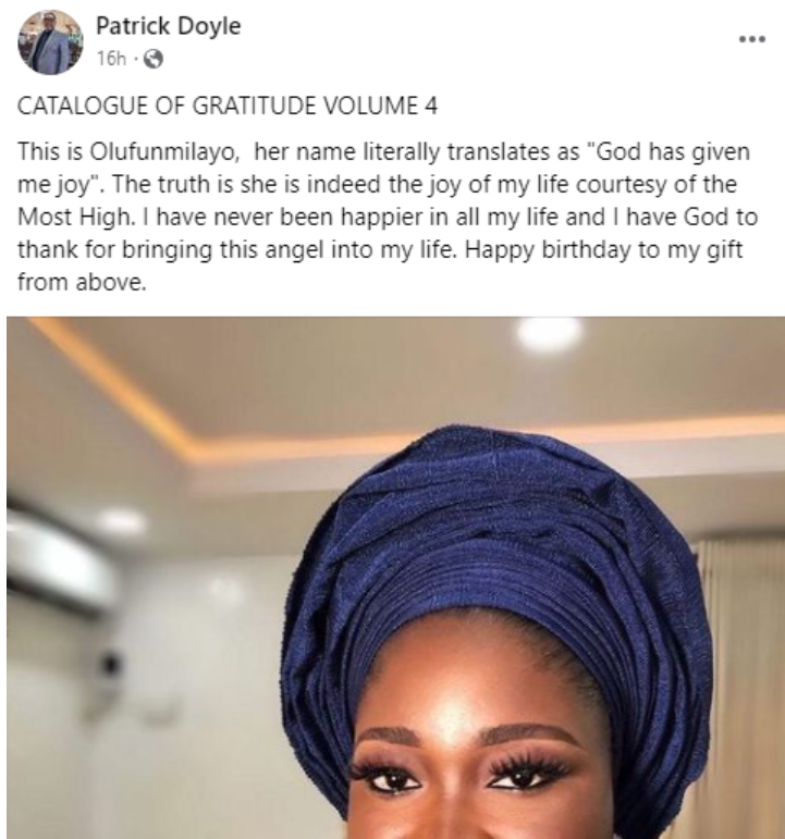 Patrick Doyle's post for his wife, Damilola