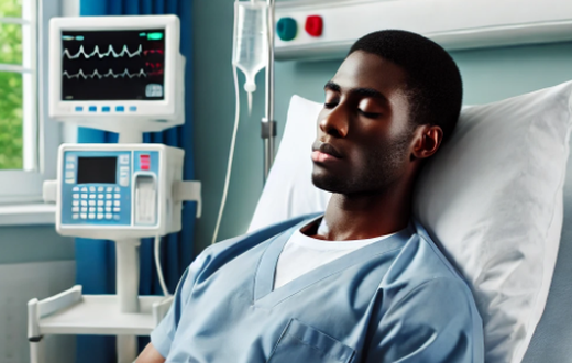 An AI-generated image of a man lying in a hospital bed