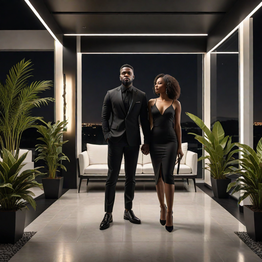 A landscape image of a black modern couple(Man and woman) in a modern set up (Hotpot.ai)