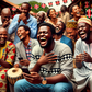 An AI-generated image of a lively scene depicting a black Kenyan man laughing loudly while using his smartphone, surrounded by a group of Kenyan people in a social gathering