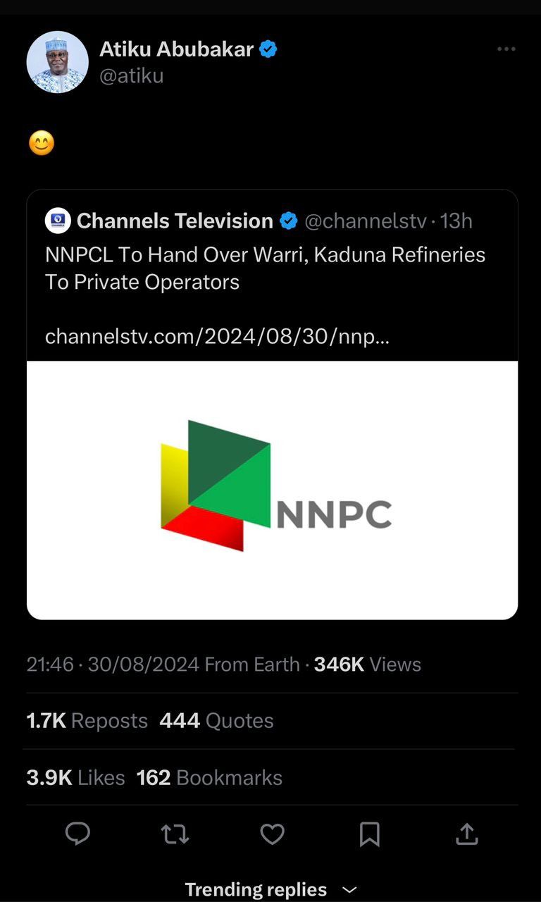Atiku makes fun of FG as NNPCL plans to privatise Warri, Kaduna refineries